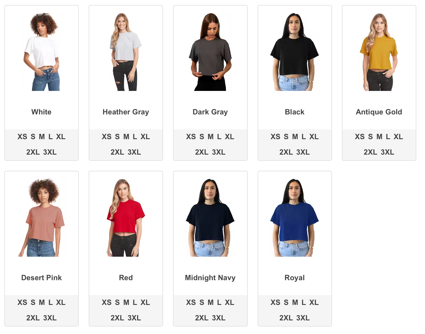 Cropped Tees Color & Size Options